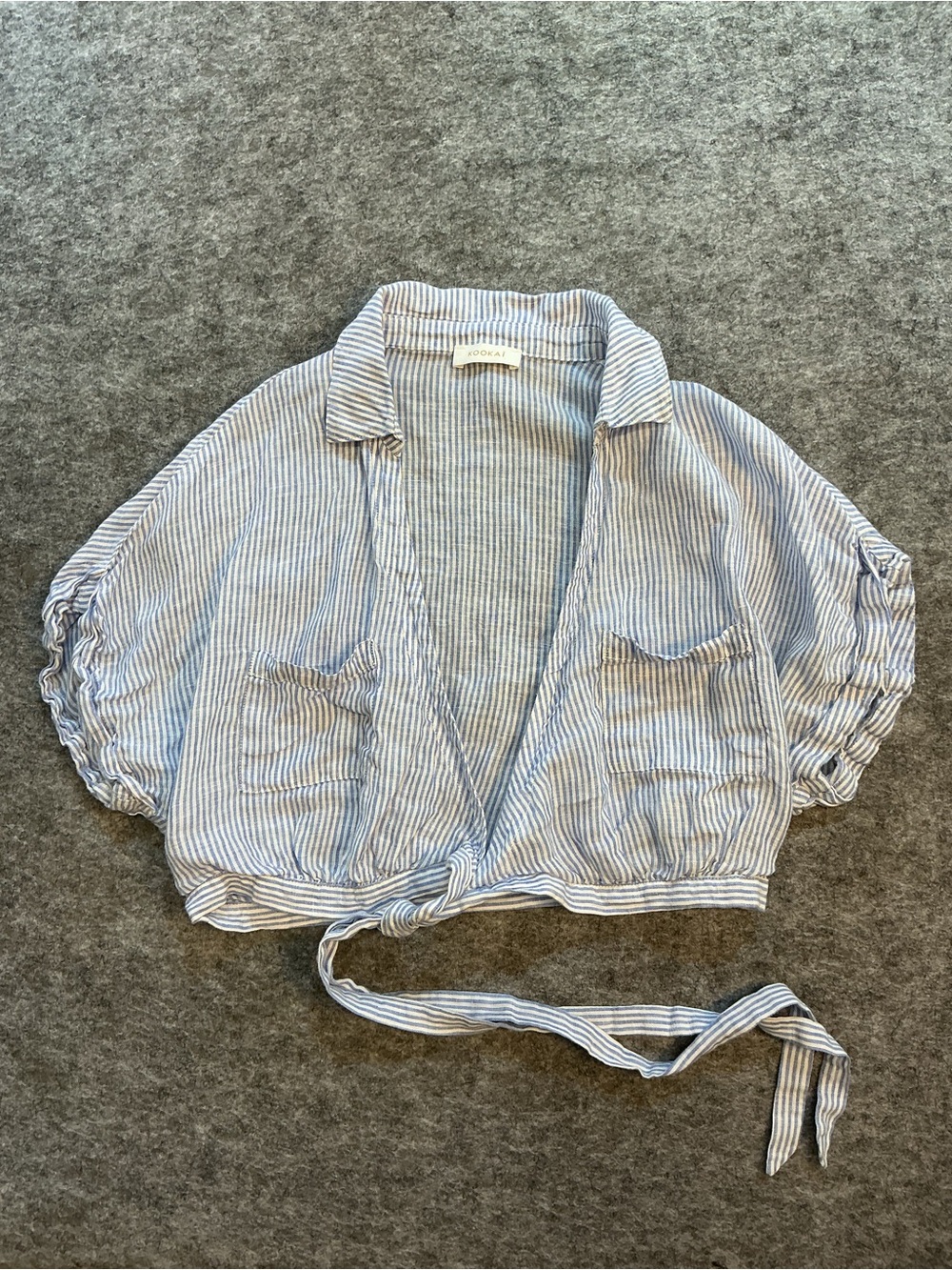 Kookai Linen Boxy Striped Tie-Front Shirt - Light Blue & White Size 40